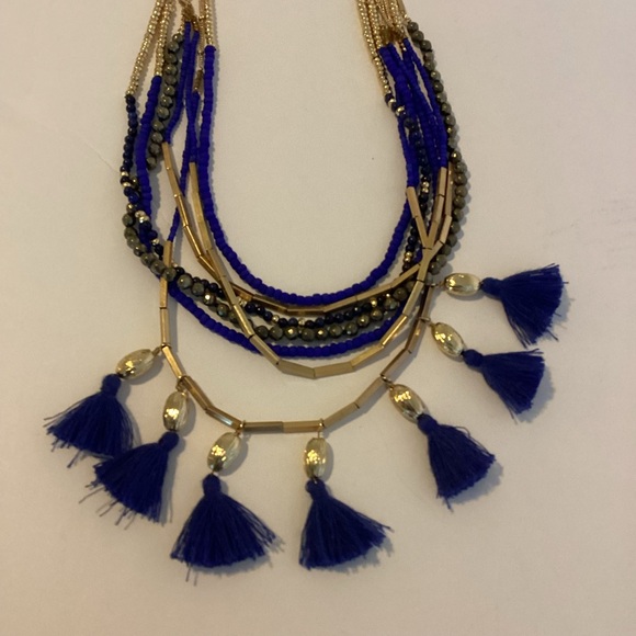 Stella & Dot Tulum Necklace Tassel Fringe Multi Strand Blue Gold Layers - Picture 11 of 16